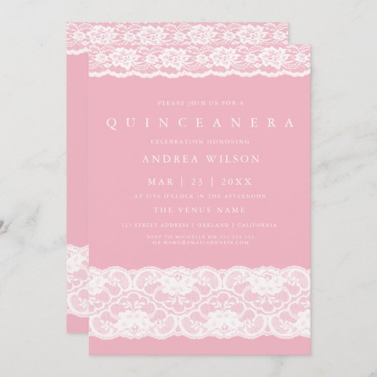 White Lace Elegante Rosa Quinceanera Party Einladu Einladung (Vorne/Hinten)