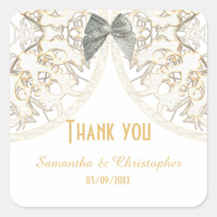 White-Lace-Filigree-Damask-Muster vielen Dank Quadratischer Aufkleber