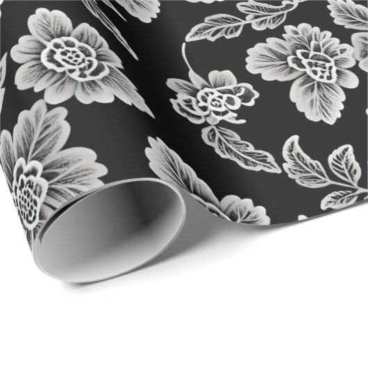White Lace Florals auf Black Geschenkpapier (Rolleneckpunkt)