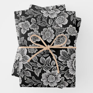 White Lace Florals auf Black Geschenkpapier Set