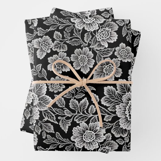 White Lace Florals auf Black Geschenkpapier Set (Beispiel)
