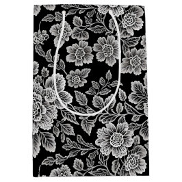 White Lace Florals auf Black Mittlere Geschenktüte