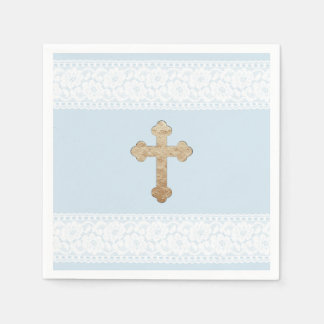 White Lace Gold Cross Baby Blue Religious Paper Serviette