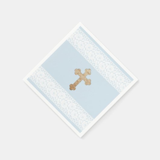 White Lace Gold Cross Baby Blue Religious Paper Serviette (Ecke)