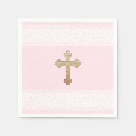 White Lace Gold Cross Rosa Religious Paper Serviette (Vorderseite)