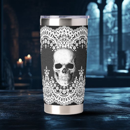 White Lace Gothic Skull Thermobecher