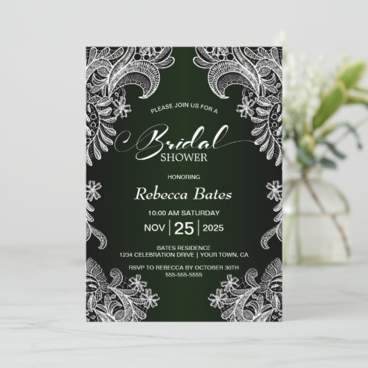 White Lace Green Brautparty Einladung (Stehend Vorderseite)