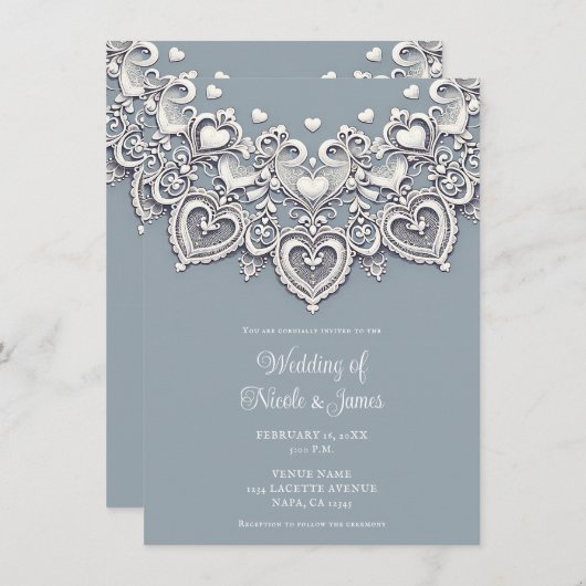 White Lace Herz Romantischer Charm Elegante Hochze Einladung (Vorne/Hinten)