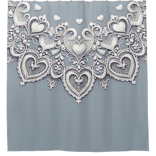 White Lace Herz Romantischer Charm Elegantes Blau Duschvorhang (Vorderseite)
