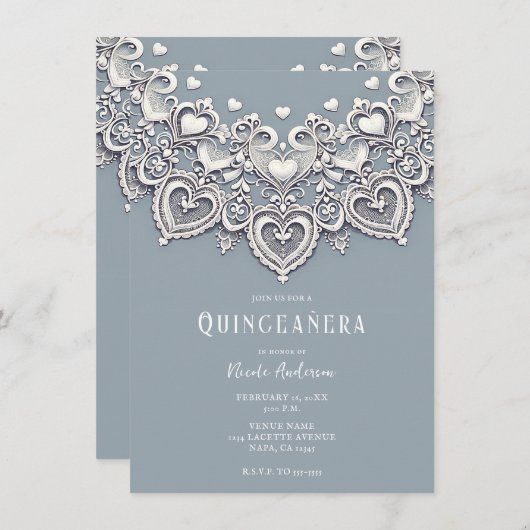 White Lace Hört Romantischer Charm Quinceañera Par Einladung (Vorne/Hinten)