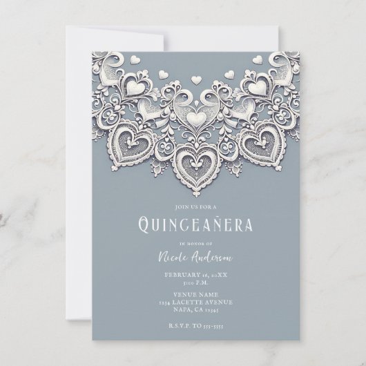 White Lace Hört Romantischer Charm Quinceañera Par Einladung (Vorderseite)