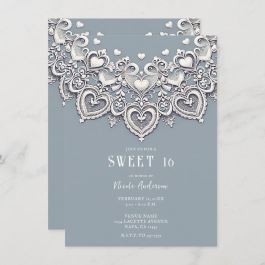 White Lace Hört Romantischer Charm Sweet 16 Einladung (Vorne/Hinten)