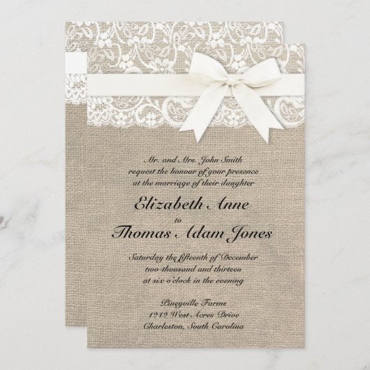 White Lace Look Rustic Burlap Hochzeit Einladung (Vorne/Hinten)