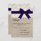 White Lace NavyRibbon and Burlap Wedding RSVP Card (Vorne/Hinten)
