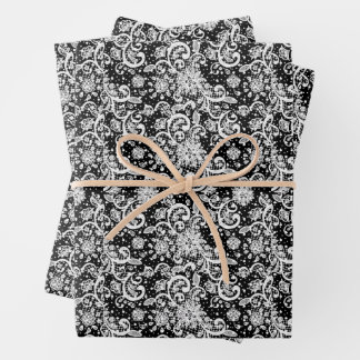 White Lace on Black Background Pattern Geschenkpapier Set