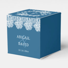 White Lace on Blue Religious Wedding Cube Geschenkschachtel