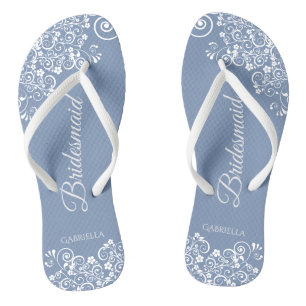 White Lace on Dusty Blue Bridesmaid Wedding Badesandalen