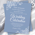 White Lace on Dusty Blue BUDGET Hochzeit Einladung<br><div class="desc">Diese preiswerten und freundlichen Einladungen für Hochzeiten sind die perfekte Wahl für Klasse, Stil und Schönheit zu einem günstigen Preis. Das Design ist mit weißen, blumengeschmückten Spitzen-Frills in den Ecken auf einem staubblauen oder knalligen Hintergrund gestaltet. Die Typografie beinhaltet extravagante Schriftzeichen für einen Stil, der gleichzeitig einfach und elegant ist....</div>