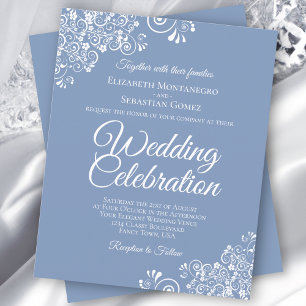 White Lace on Dusty Blue BUDGET Hochzeit Einladung