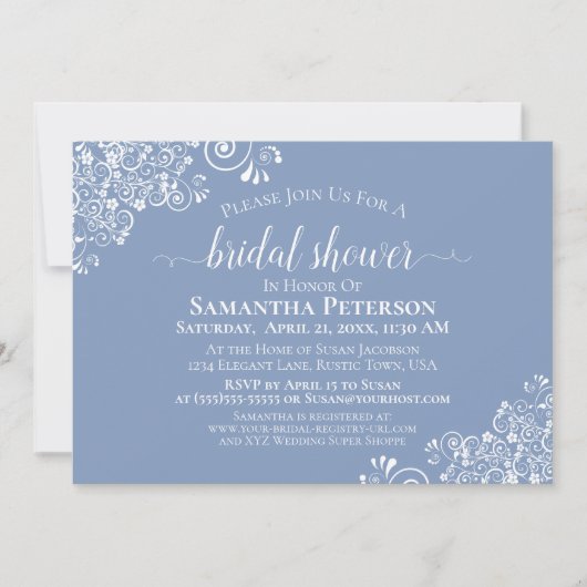 White Lace on Dusty Blue Elegantes Brautparty Einladung (Vorderseite)