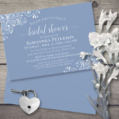 White Lace on Dusty Blue Elegantes Brautparty Einladung