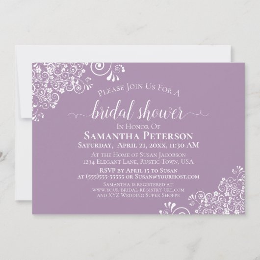 White Lace on Dusty Lila Elegantes Brautparty Einladung (Vorderseite)
