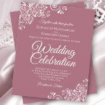 White Lace on Dusty Rose BUDGET Hochzeitseinladung<br><div class="desc">Diese preiswerten und freundlichen Einladungen für Hochzeiten sind die perfekte Wahl für Klasse, Stil und Schönheit zu einem günstigen Preis. Das Design ist mit weißen, blumengeschmückten Spitzen-Frills in den Ecken auf einer staubigen Rose oder einem lila rosa Hintergrund gestaltet. Die Typografie beinhaltet extravagante Schriftzeichen für einen Stil, der gleichzeitig einfach...</div>