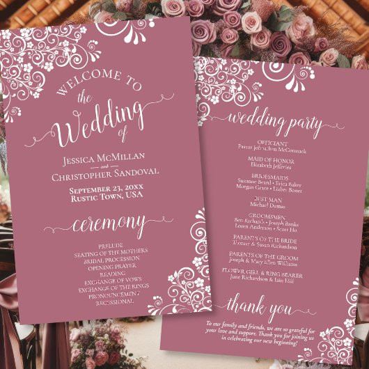 White Lace on Dusty Rose Budget Wedding Programm