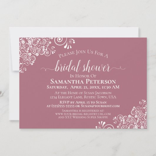 White Lace on Dusty Rose Elegantes Brautparty Einladung (Vorderseite)