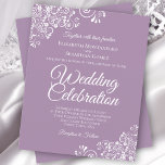 White Lace on Lavender BUDGET Hochzeit Einladung<br><div class="desc">Diese preiswerten und freundlichen Einladungen für Hochzeiten sind die perfekte Wahl für Klasse, Stil und Schönheit zu einem günstigen Preis. Das Design besteht aus weißen, mit Blumen geschmückten Spitzen-Frills in den Ecken eines Lavendels, einer Lilie oder einem staubigen, lila Hintergrund. Die Typografie beinhaltet extravagante Schriftzeichen für einen Stil, der gleichzeitig...</div>