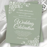 White Lace on Sage Green BUDGET Einladung Hochzeit<br><div class="desc">Diese preiswerten und freundlichen Einladungen für Hochzeiten sind die perfekte Wahl für Klasse, Stil und Schönheit zu einem günstigen Preis. Das Design besteht aus weißen, blumengeschmückten Spitzen-Frills in den Ecken auf einem grünen Hintergrund. Die Typografie beinhaltet extravagante Schriftzeichen für einen Stil, der gleichzeitig einfach und elegant ist. Ein wunderbarer Weg,...</div>