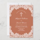 White Lace on Terracotta Religious Wedding Einladung (Vorderseite)