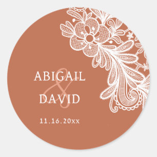 White Lace on Terracotta Wedding Runder Aufkleber