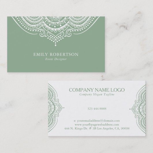 White Lace Paisley Mandala on Sage Green Visitenkarte (Vorne/Hinten)