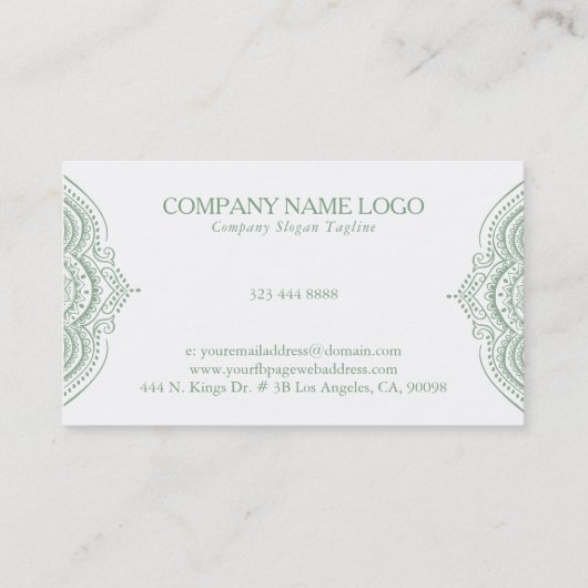 White Lace Paisley Mandala on Sage Green Visitenkarte (Rückseite)