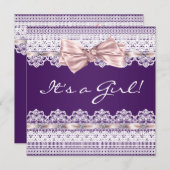 White Lace Pink Ribbon Girl Lila Baby Dusche Einladung (Vorne/Hinten)
