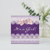 White Lace Pink Ribbon Girl Lila Baby Dusche Einladung (Stehend Vorderseite)