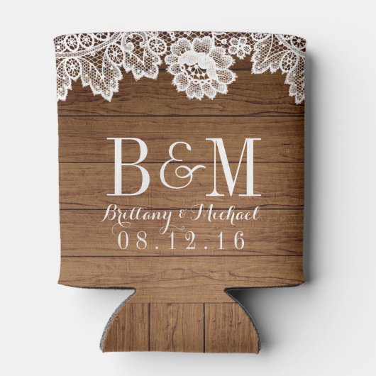 White Lace Rustic Barn Wood Monogram Wedding Dosenkühler (Rückseite)