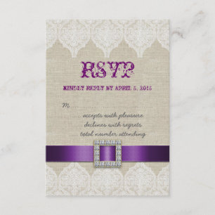 White Lace Rustic Wedding RSVP Lila Linde Karte