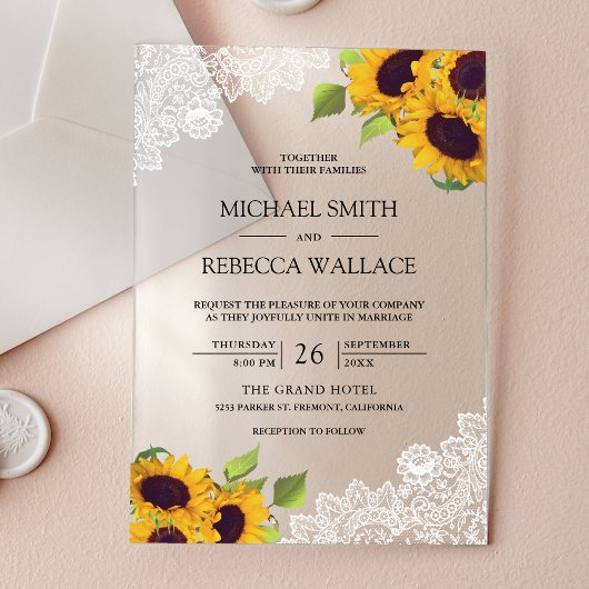 White Lace Sunflowers Wedding Acryleinladungen