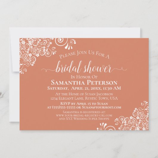 White Lace Terracotta Coral Elegantes Brautparty Einladung (Vorderseite)