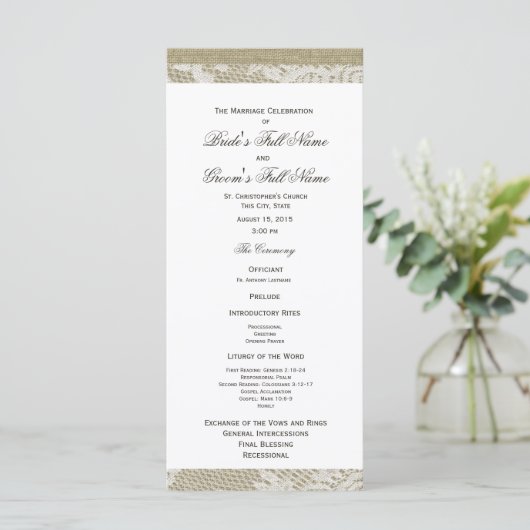 White Lace und Burlap Wedding Programm (Stehend Vorderseite)