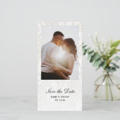 White Lace Wedding Save the Date Foto Card (Stehend Vorderseite)
