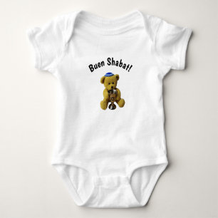 White Ladino Shabbat Teddy Bear Baby Bodysuit Strampler