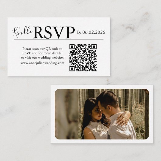 White landscape RSVP QR Code Card  Modern Wedding Begleitkarte (Vorne/Hinten)