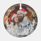 White Laurel Half Wreath Our 1st Christmas Photo Ornament Aus Glas (Vorderseite)