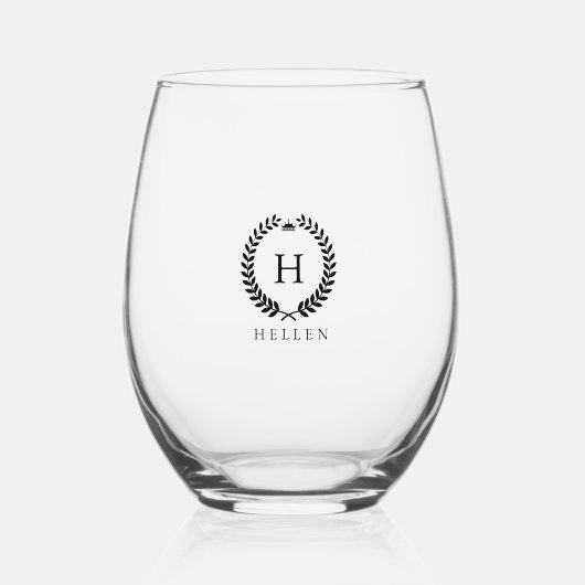 White Laurel Wreath Individuelle Name Stemless Win Weinglas Ohne Stiel (Vorderseite)