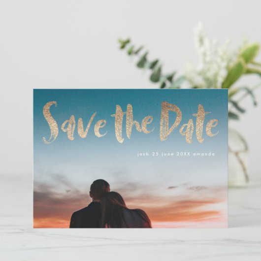 White Letters Gold Foil Script Save the Date (Stehend Vorderseite)
