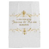 White & Light Gold Floral Lace Hochzeitsdesign Mittlere Geschenktüte (Rückseite)