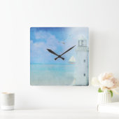 White Lighthouse With Sailboat Square Wall Clock Quadratische Wanduhr (Zuhause)
